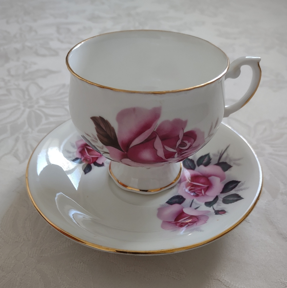 Royal Dover Porcelain Made in England Gold Rim footed cup saucer pink roses